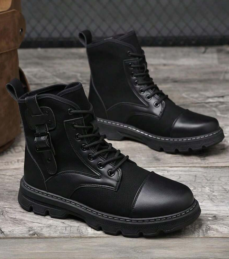 Men's Lace Up Mid Top Shoes, PU/Canvas Upper And Non Slip PVC Sole, Lightweight