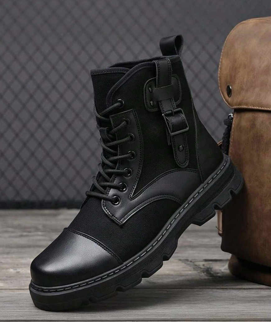 Men's Lace Up Mid Top Shoes, PU/Canvas Upper And Non Slip PVC Sole, Lightweight