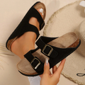 Women’s Slip-On Sandals Adjustable Buckle Straps Comfort Cork Footbed Slide Flat