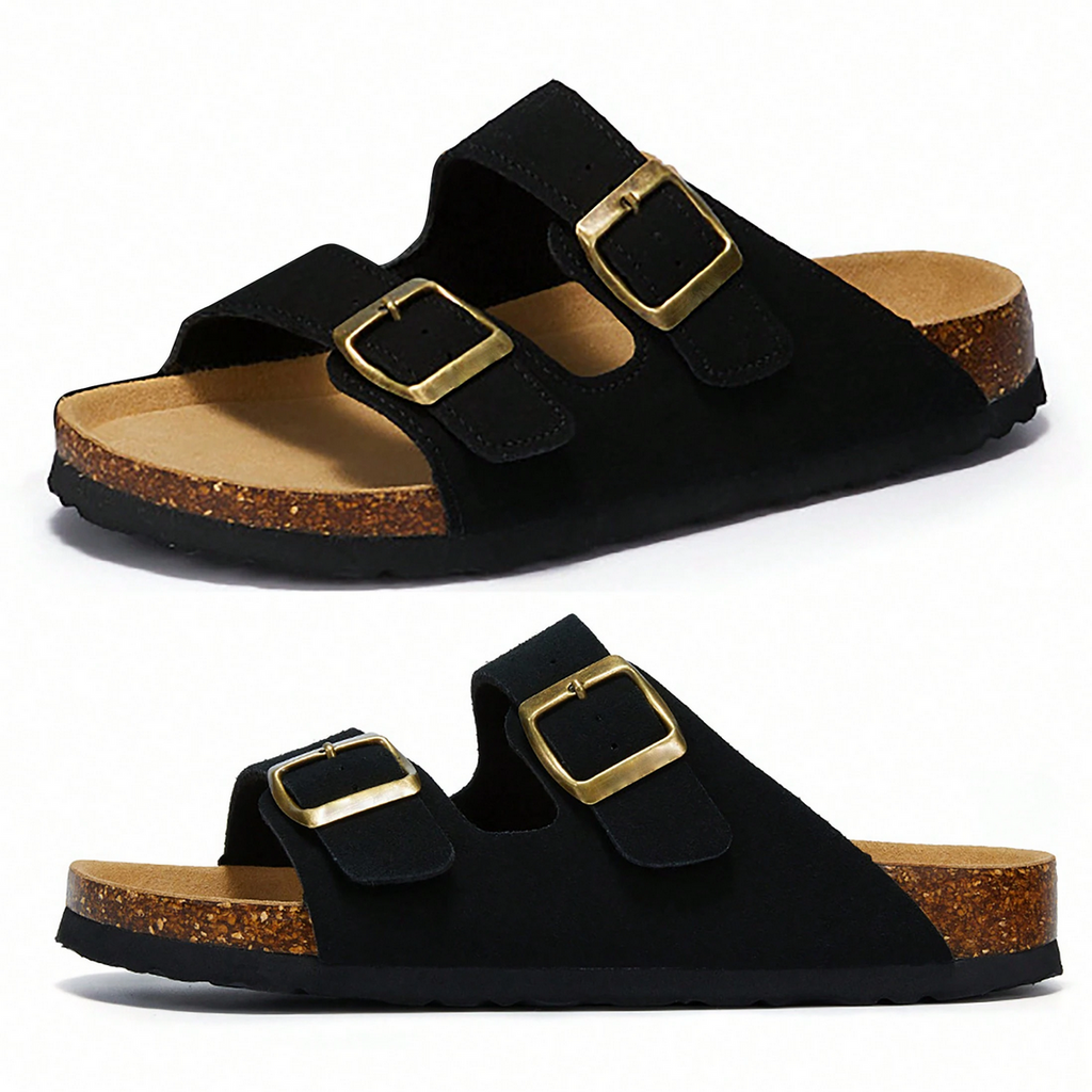 Women’s Slip-On Sandals Adjustable Buckle Straps Comfort Cork Footbed Slide Flat