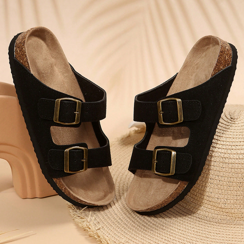 Women’s Slip-On Sandals Adjustable Buckle Straps Comfort Cork Footbed Slide Flat